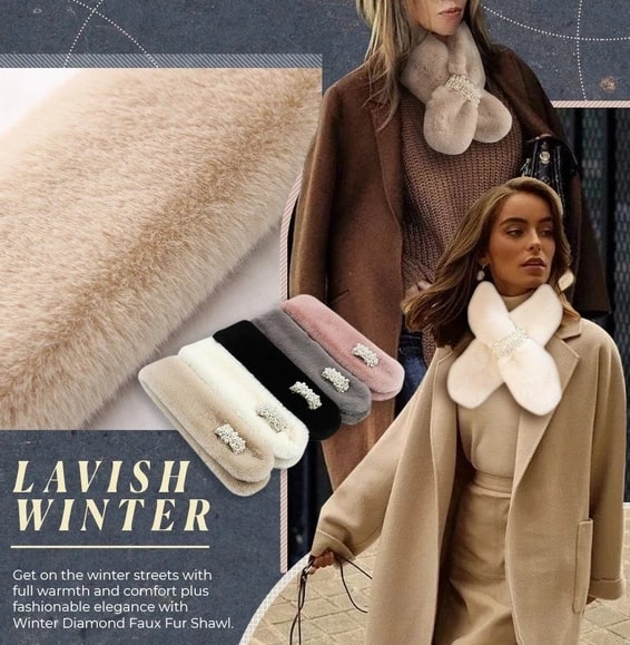 وشاح ملفوف من الفرو الصناعي الماسي للشتاء - Image 3